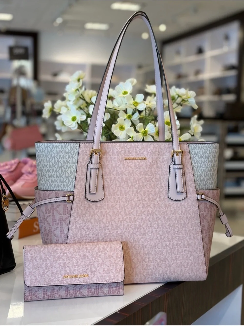 Michael Kors Pink Signature Tote with Trifold Wallet Set NWT